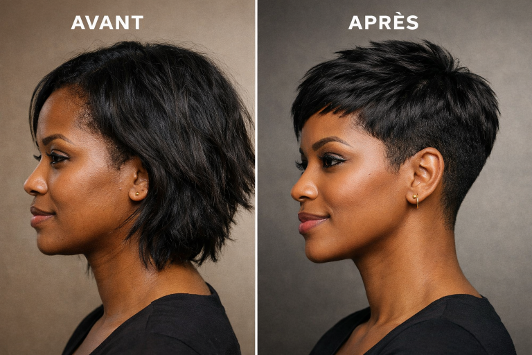 pixie cut avant après à Lomé
